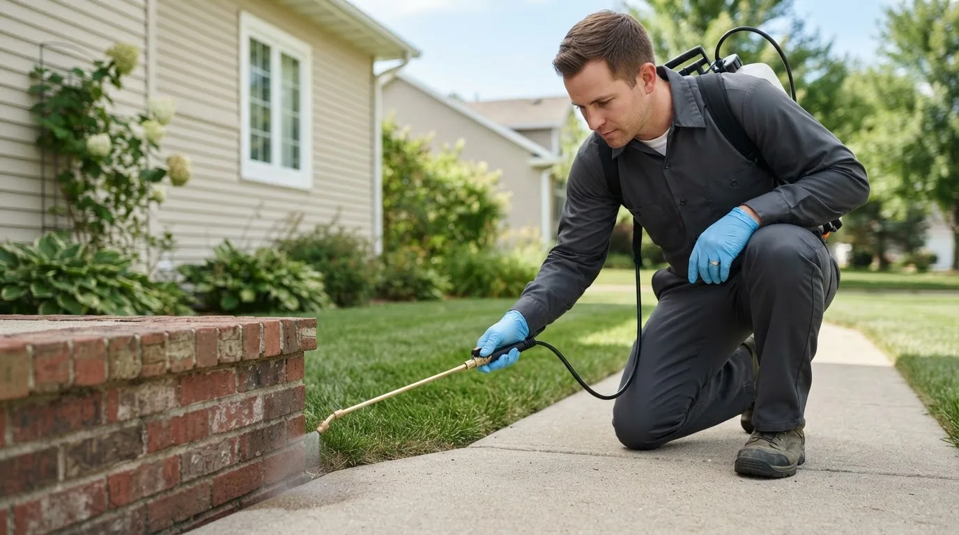 Pest control technician treating a home near Batavia, IA