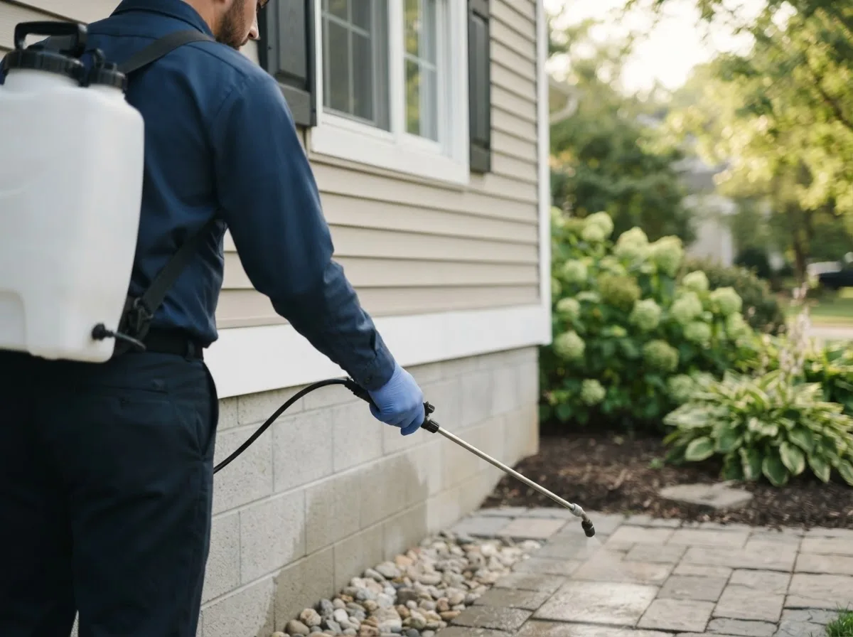 Pest control technician inspecting a home in Batavia, IA